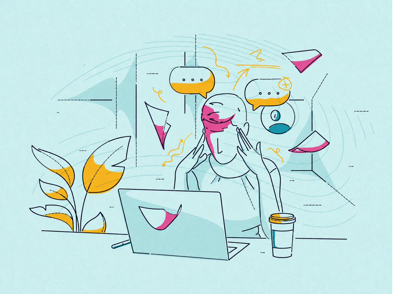 An engineer at a laptop, head in hands, surrounded by speech bubbles, scattered notes and charts