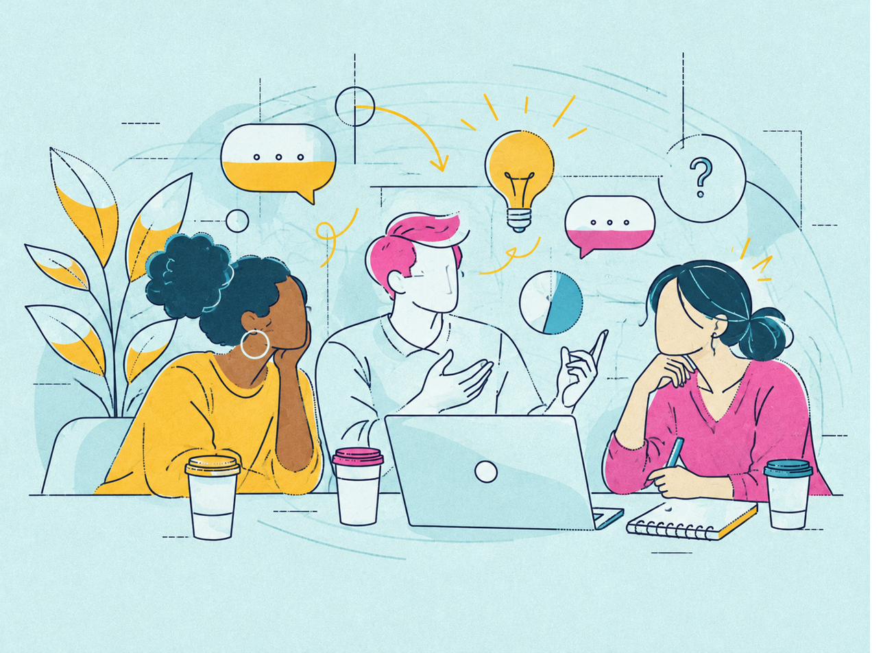 Three engineers in discussion around a laptop, with speech bubbles, a light bulb and a question mark above them